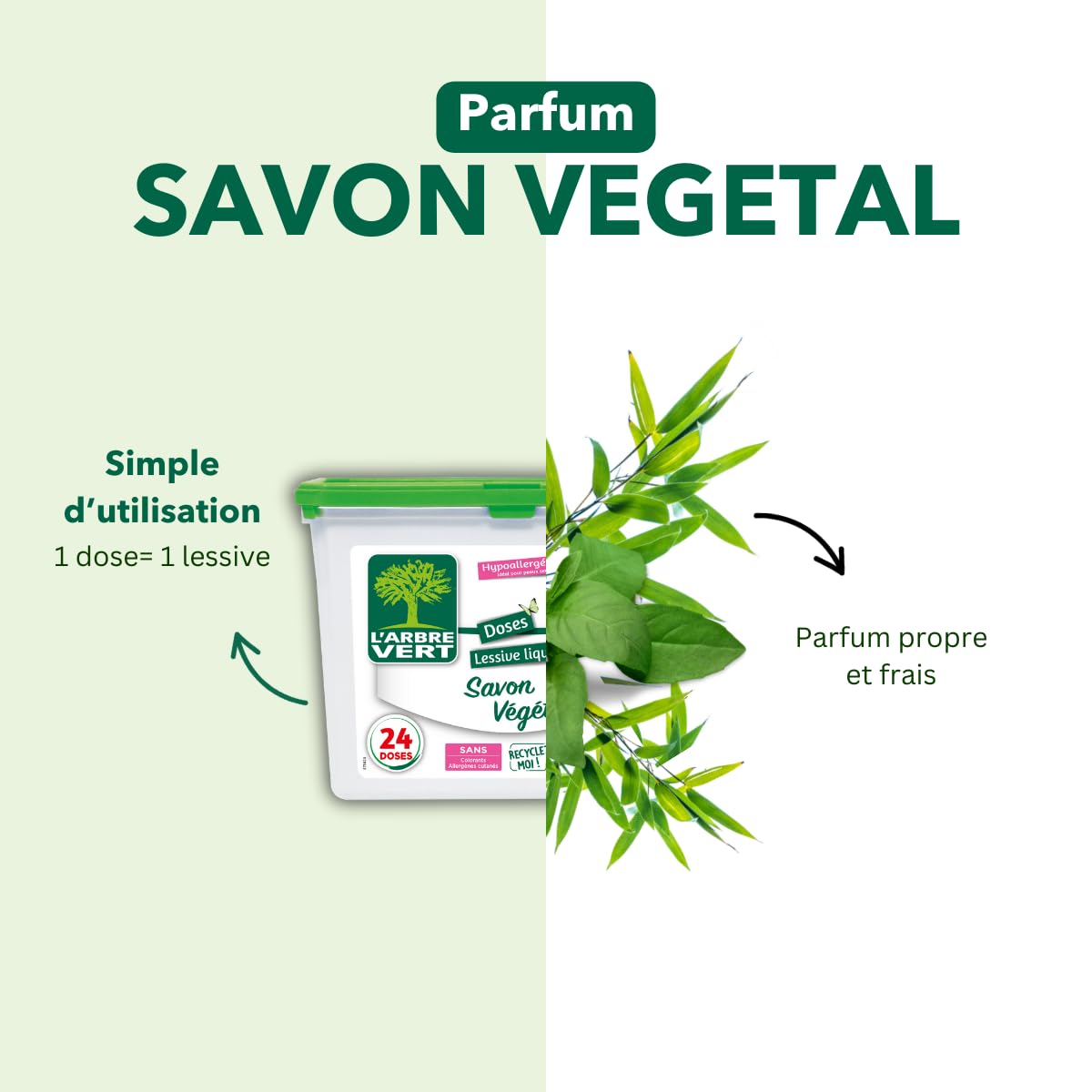 L'Arbre Vert Doses Lessive Liquide Ecolabel Savon Végétal - Hypoallergénique - 24 Doses (Lot de 5)