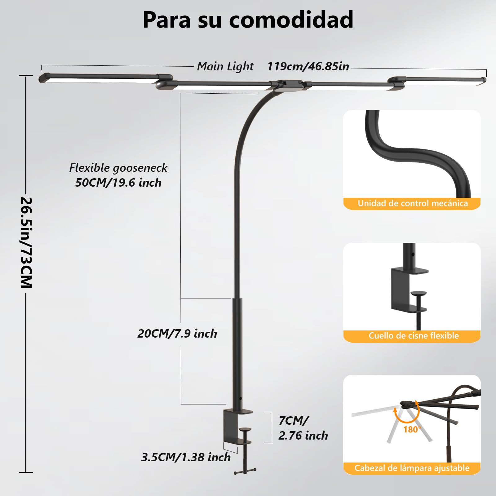Goeco Lámpara de Escritorio LED, 119cm con Temporizador & Atenuación Continua, con Pinza, 5 Temperatura Color 10 Niveles Brillo, para Oficina, Manualidades [Clase eficiencia energética E]