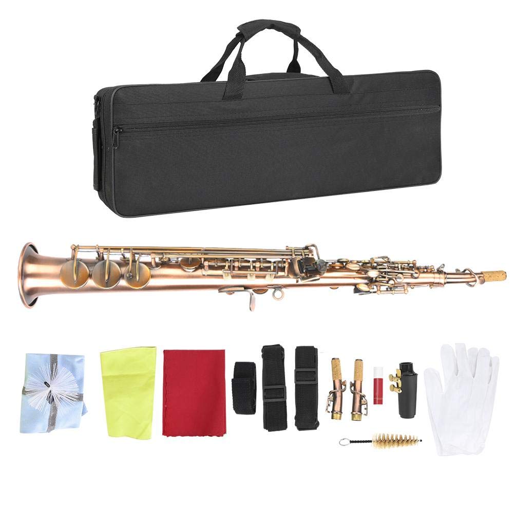 Saxofón de Cobre Rojo Profesional Set B Saxofón de Soprano Plano Saxo Recto con Bolsa de Transporte Instrumento de Viento