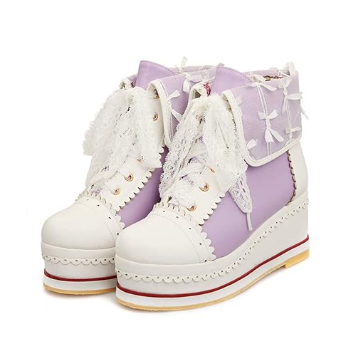 HILIB Women's Cute Lolita Boots Cosplay Brogue Wedge Boots - 7 - Purple