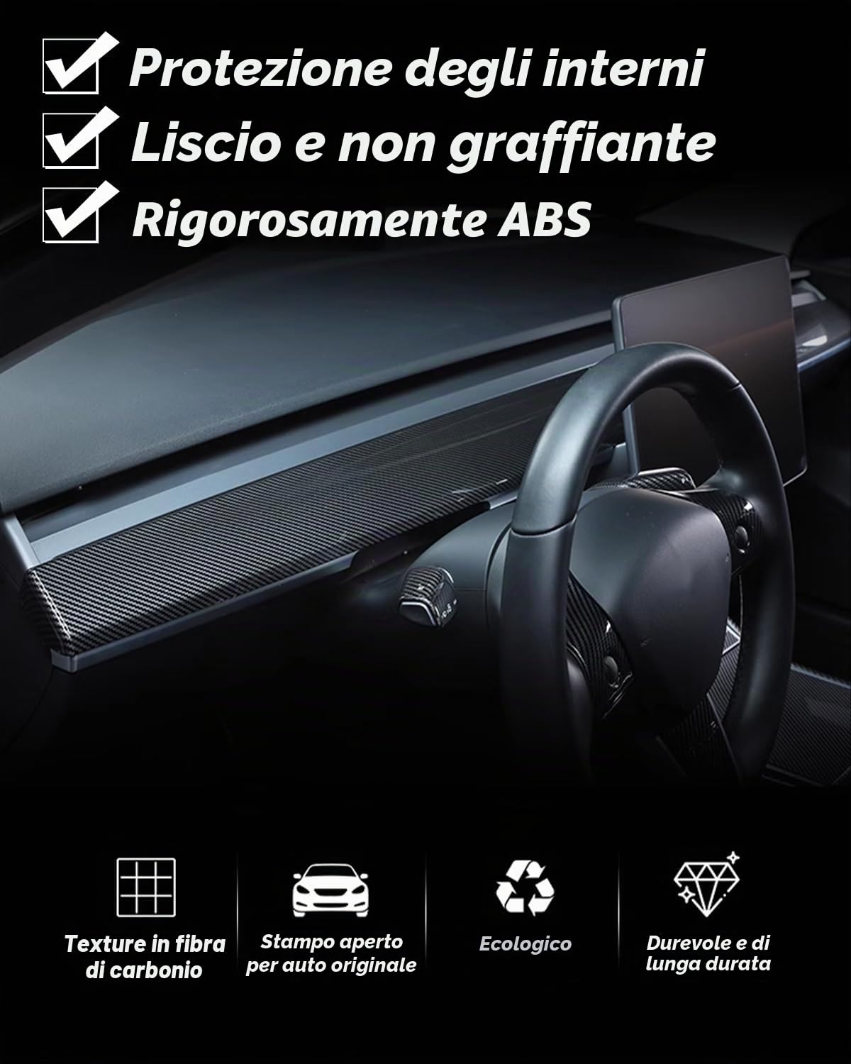 Copertura per cruscotto e rivestimento interno della portiera anteriore compatibile con Tesla modello 3/y (Motivo in fibra di carbonio lucida)