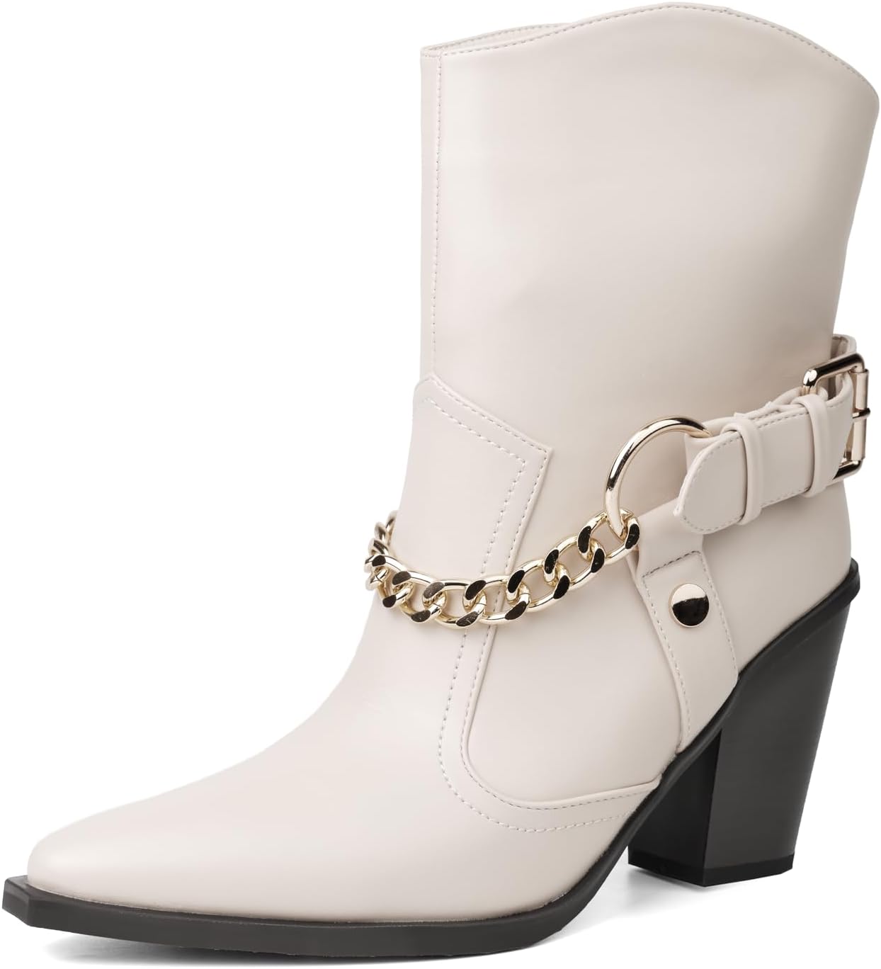 Cowboy Boots for Women Cowgirl Western Boots Fashion Chain & Strap Chunky Heel Mid Calf Boots