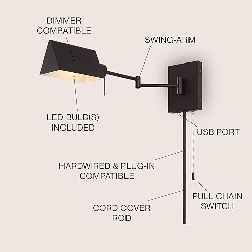 Miniatura 3 de JONATHAN Y JYL6015A Arlo - Aplique de pared LED con brazo oscilante individual de 22 pulgadas, 1 luz, de hierro cableado, cadena de tracción, puerto