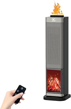 3D Flame Space Heater with Crackling Sound, 2000W PTC Ceramic FastSafety Heat, Thermostat, Remote, 3 Modes, Tip-Over Protection,Portable Heater for Large Room/Bedroom/Office