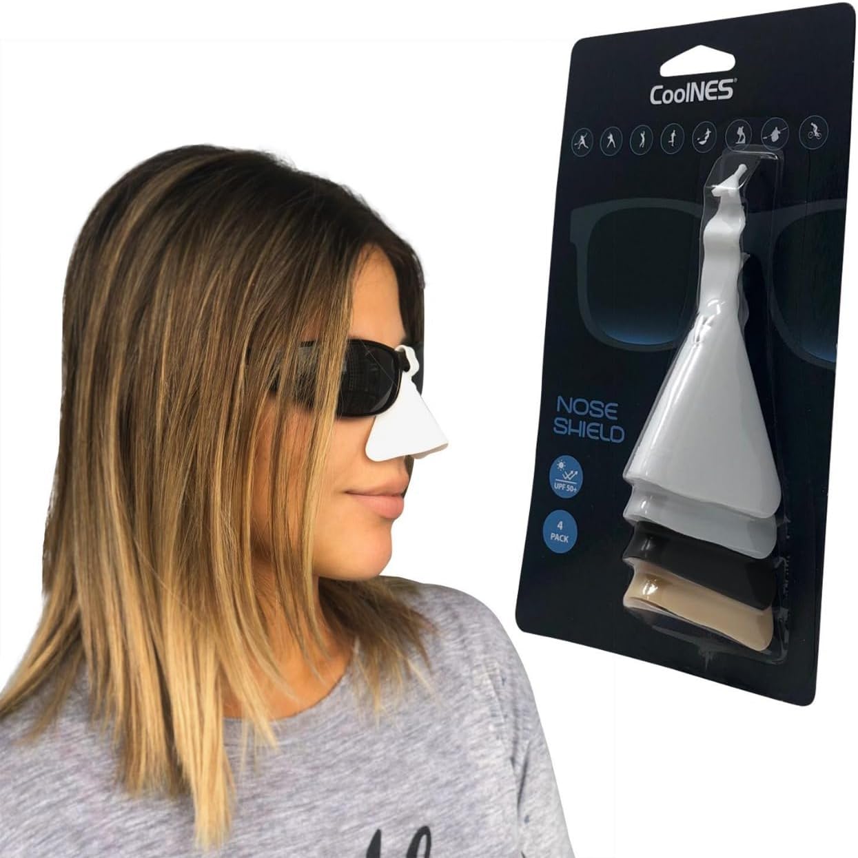 CoolNES - Pack of 4 - UV Nose Protection for Glasses - Skin Sun Protection - Shield Guard Protector UPF 50+ Patented