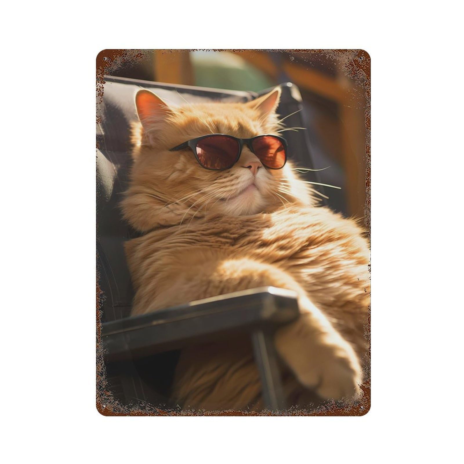 Garage Style Fat Cat Chilling Sun Beach Weathered Tin Sign 15.7"x11.8", Classic Wall Plaque for Bar And Workshop