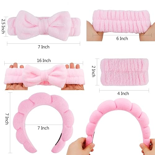 Miniatura 6 de CHANACO Juego de diadema y pulsera de spa, diademas para el cuidado de la piel de burbujas, diadema de maquillaje hinchada rosa, diadema de lavado