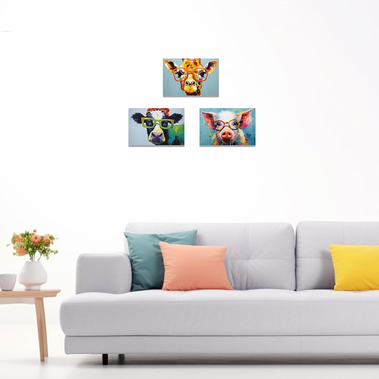 SWQYLB Animals with Glasses Wall Art Cow Giraffe Pig Picture Funny Animal Painting Canvas Prints Kids Room Bedroom Home Decor Framed (12"x16"x3 Pieces)
