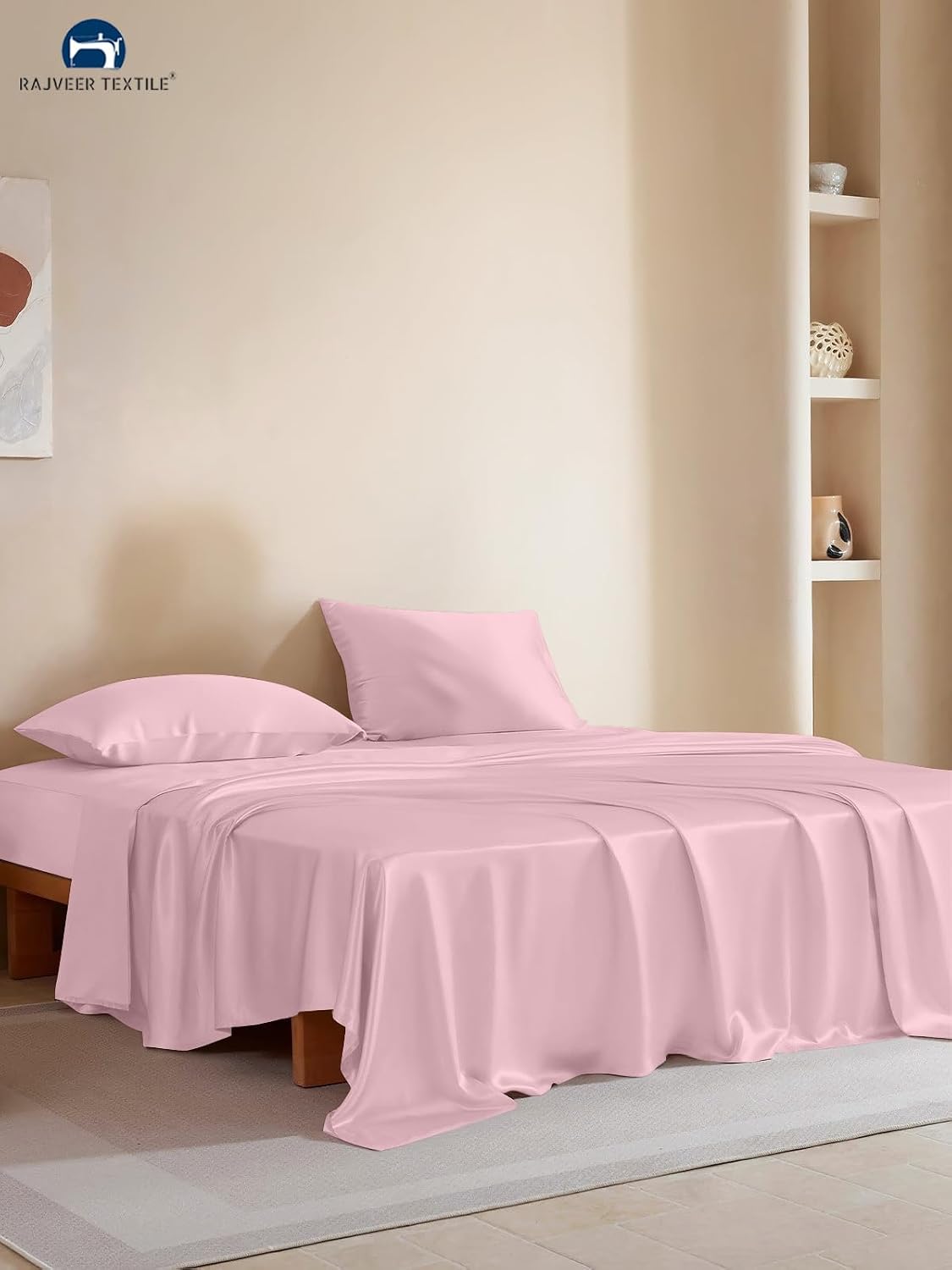 Luxury Mulberry Silk Bedding Set – 4 Pcs Luxury Silk Bedding | Ultra Soft, Breathable | 15” Deep Pocket Fitted Sheet + Flat Sheet + 2 Pillow Covers Twin Size, Baby Pink Color