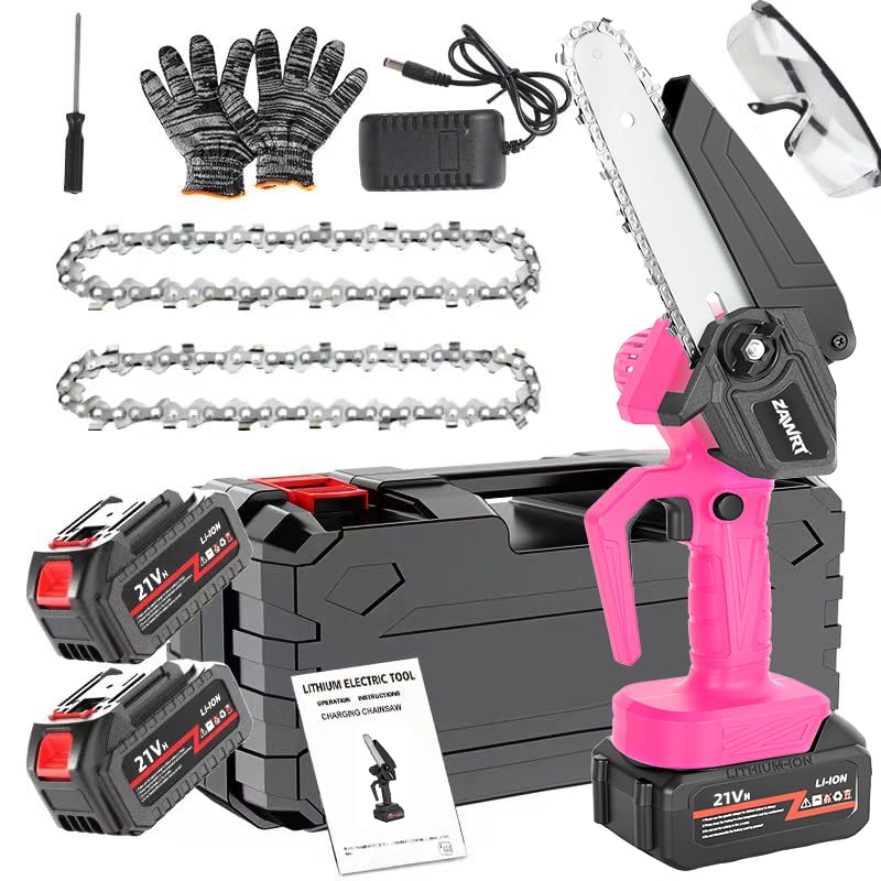 Mini cordless chainsaw pink toolbox edition with splash protection and safety lock. Suitable for trees yards homes and gardens. Ideal as a Valentines Day gift or birthday present.