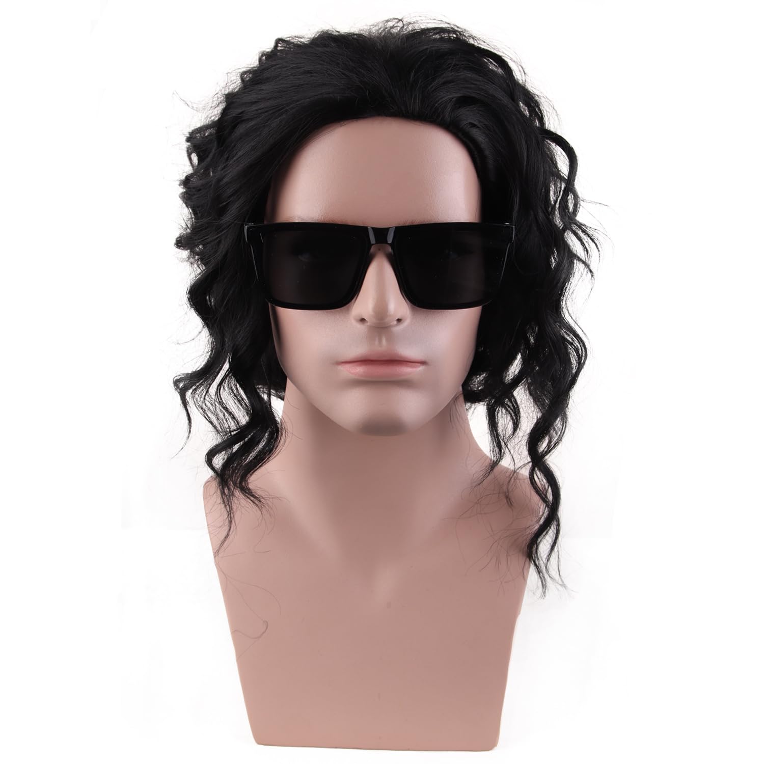 MAGQOO Black Wig for Men 70s 80s Costume Wig Long Curly Wavy Black Wig Metal Rocker Wigs with Wig Cap