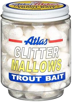 ATLAS-MIKES Glitter Mallows, White/Anise Floating Scented Trout Bait Keeps Hooks Off Bottom & Attracts More Fish Use Alone or with Salmon Eggs or Nightcrawlers 1.5 oz Jar