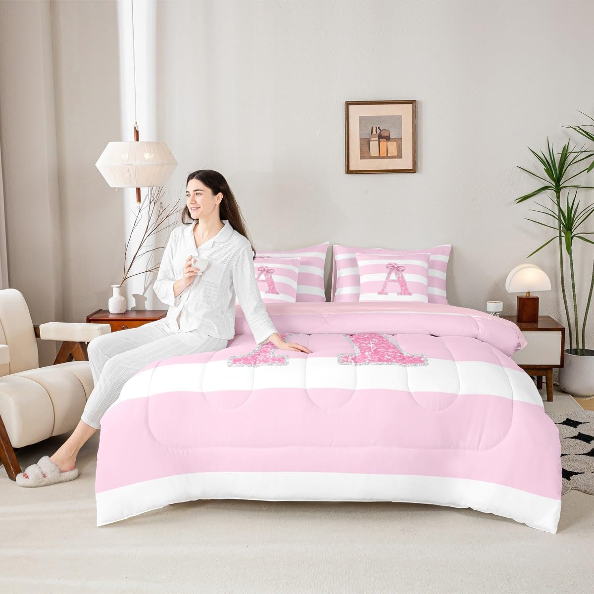 Erosebridal Pink Bow Girls 7 Piece Bedding Set Queen Size Initial Letter A Comforter Sets Glitter Bowknot Sheet Set for Kids Children Women Bedroom Decor Personalized Monogram Stripes Bed in A Bag - Image 6