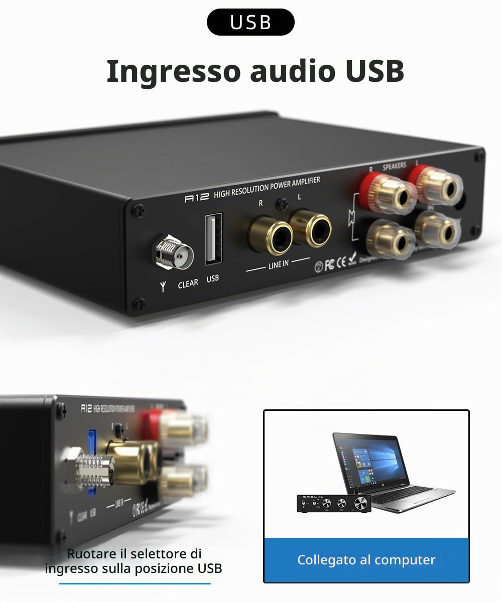 SMSL A12 Aggiornato Bluetooth 5.0 Amplificatore Audio Stereo, HiFi Classe D Integrato 2 Canali Amplificatore di Potenza per Altoparlanti Domestici con Controllo Basso e Alti 80Wx2 Infineon's MA12070