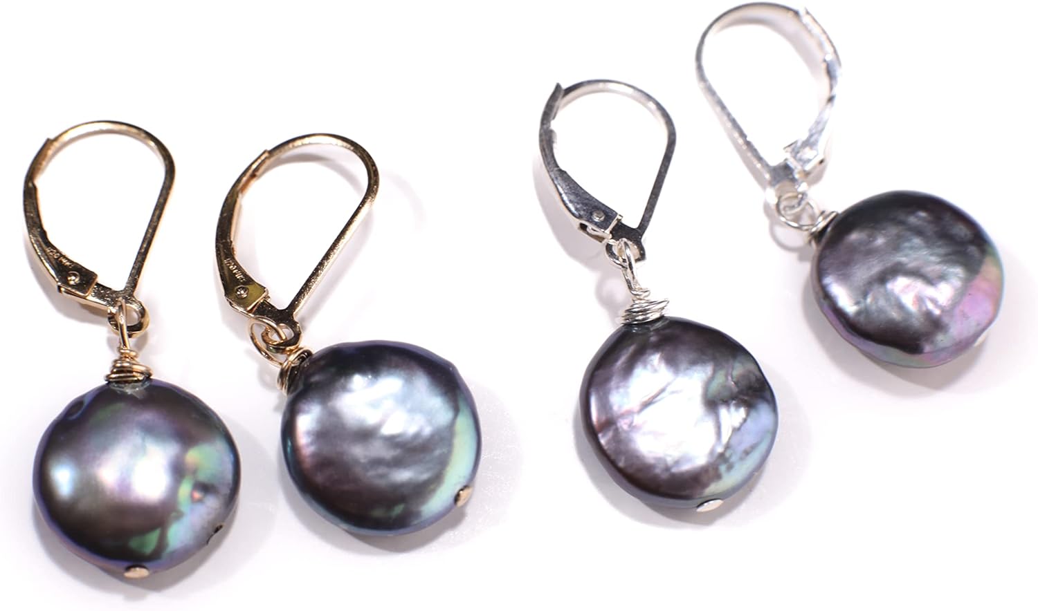 Natural Freshwater Peacock 14-15mm Coin Pearl High Luster Dangling Wire Wrapped in Sterling Silver Leverback, Valentine, Gift, Silver Earrings, Valentine, Bridesmaid, Gift