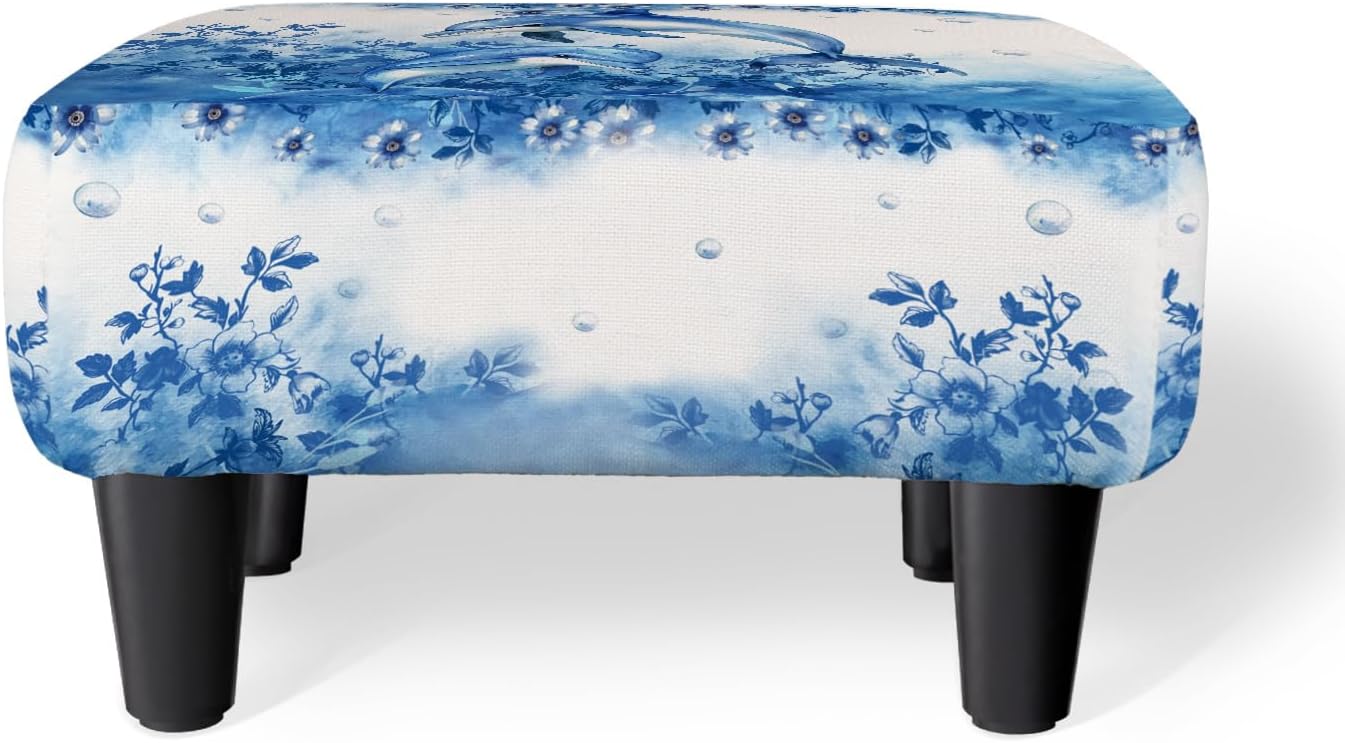 Blue Watercolor Dolphin&Floral Square Linen Small Footstool for Living Room | Soft Cushioned Seat with Non-Slip Plastic Legs,Ocean Theme Accent Stool for Bedroom,Bathroom,Vanity