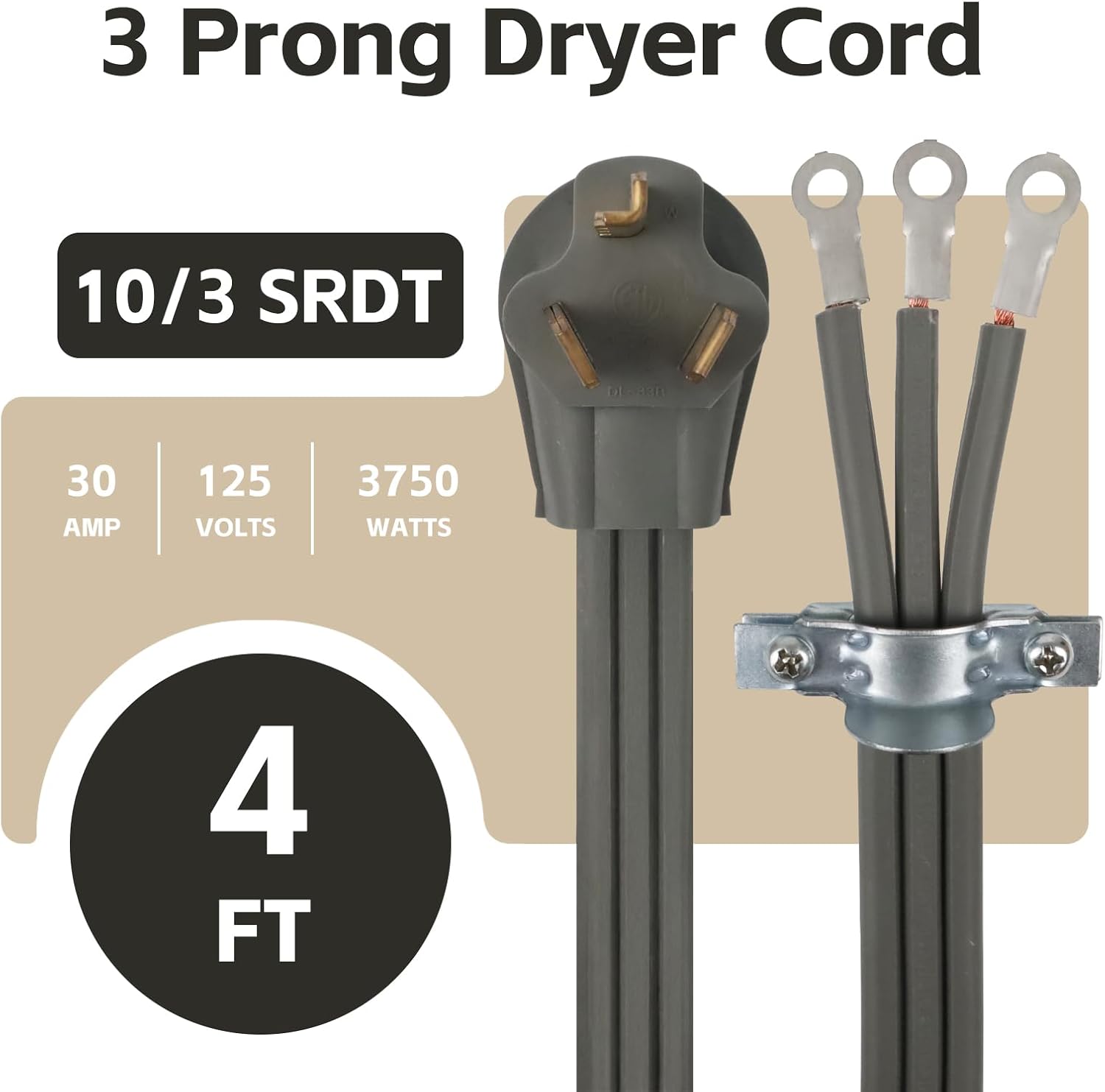 3 Prong Dryer Cord, 4 Ft 10/3 SRDT, 30 Amp Appliance Extension Power Cord, NEMA 10-30 Plug, Grey