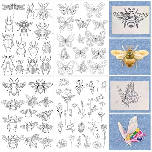 Rngmsi Water Soluble Embroidery Patterns - 4 Sheets Insect Stick and Stitch Embroidery Paper Designs, Butterfly Bee Flower Theme Wash Away Transfer Paper Stabilizers for Hand Sewing Lovers