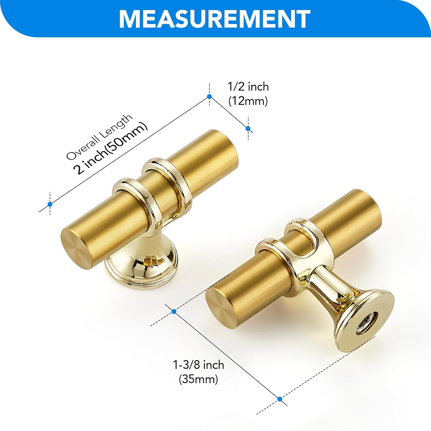 HOME EDIT Brushed Brass Cabinet Knobs Handles, Single Hole Modern T-Bar Drawer Pulls, Decorative Hardware for Cabinets, Dressers, and Drawers, 5 Pack