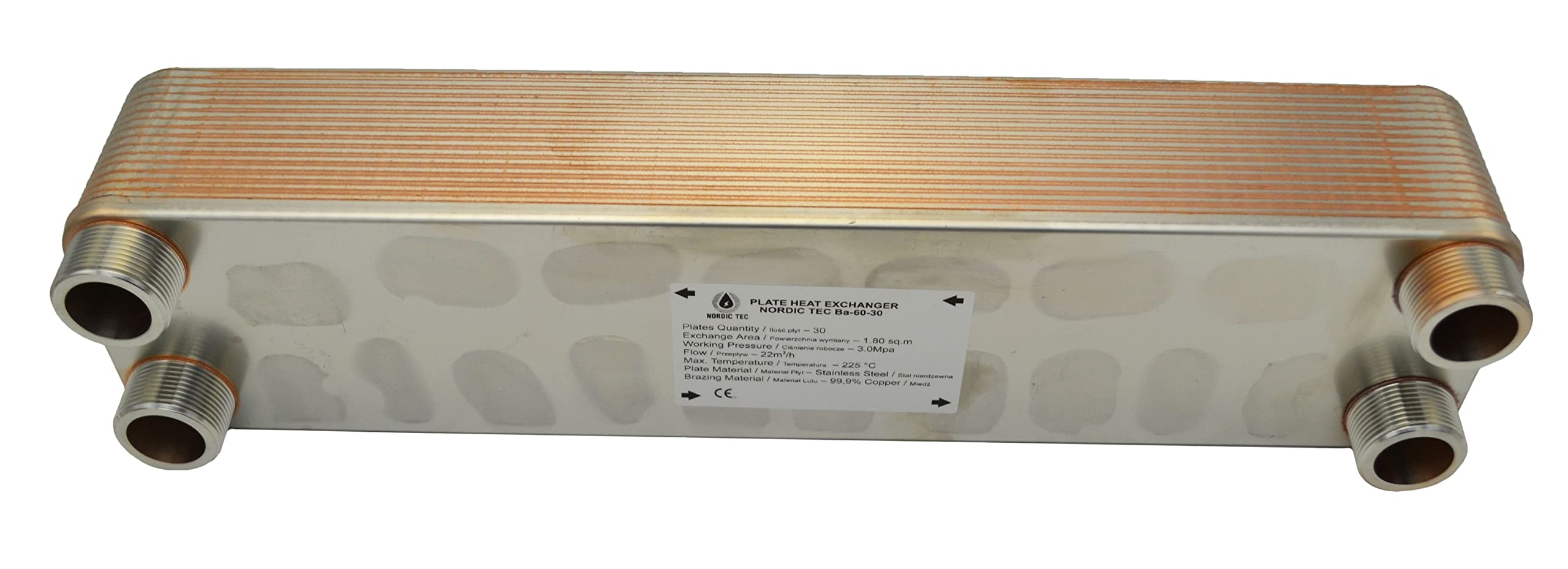 Nordic Tec Ba-60-30 Échangeur de chaleur en acier inoxydable 30 plaques 330 kW 5/4" échangeur de chaleur 1 1/4" (échangeur de chaleur uniquement)