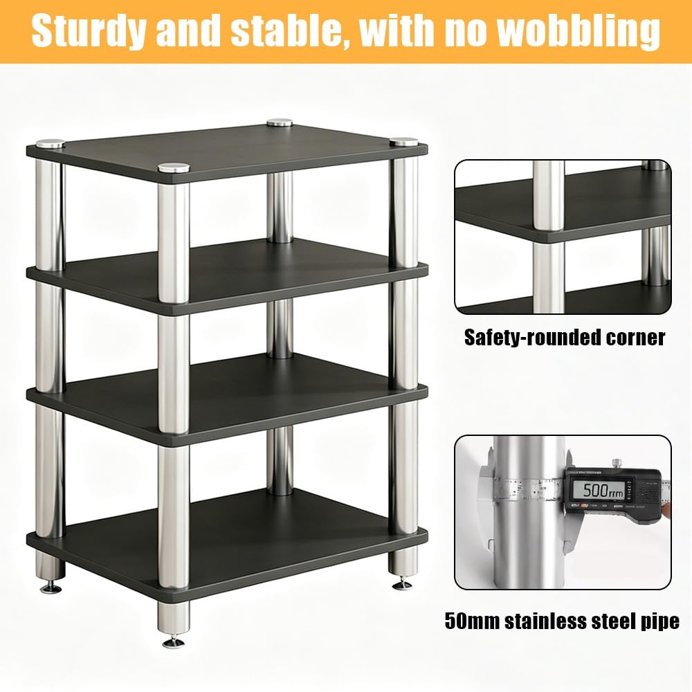 Generico Stereo HiFi Rack, Supporto Multimediale AV A 3/4 Livelli, Rack E Supporti Stereo, Armadio Per Componenti Video, Mobiletto Portaoggetti Per Giradischi(Black,4 tier-60x48x85cm)
