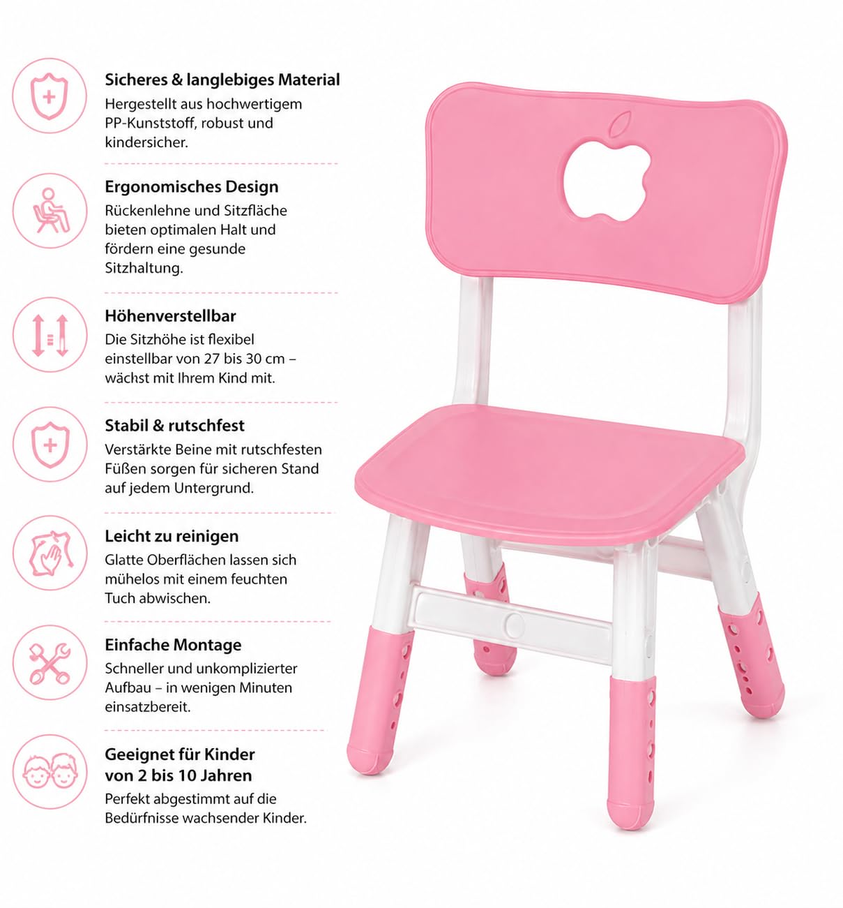 Bayli Kinderstuhl Rosa höhenverstellbar 27–30 cm – Kunststoff Stuhl für Kinder – Spielstuhl, Lernstuhl & Bastelstuhl für Kinderzimmer, Kita & Spielbereich