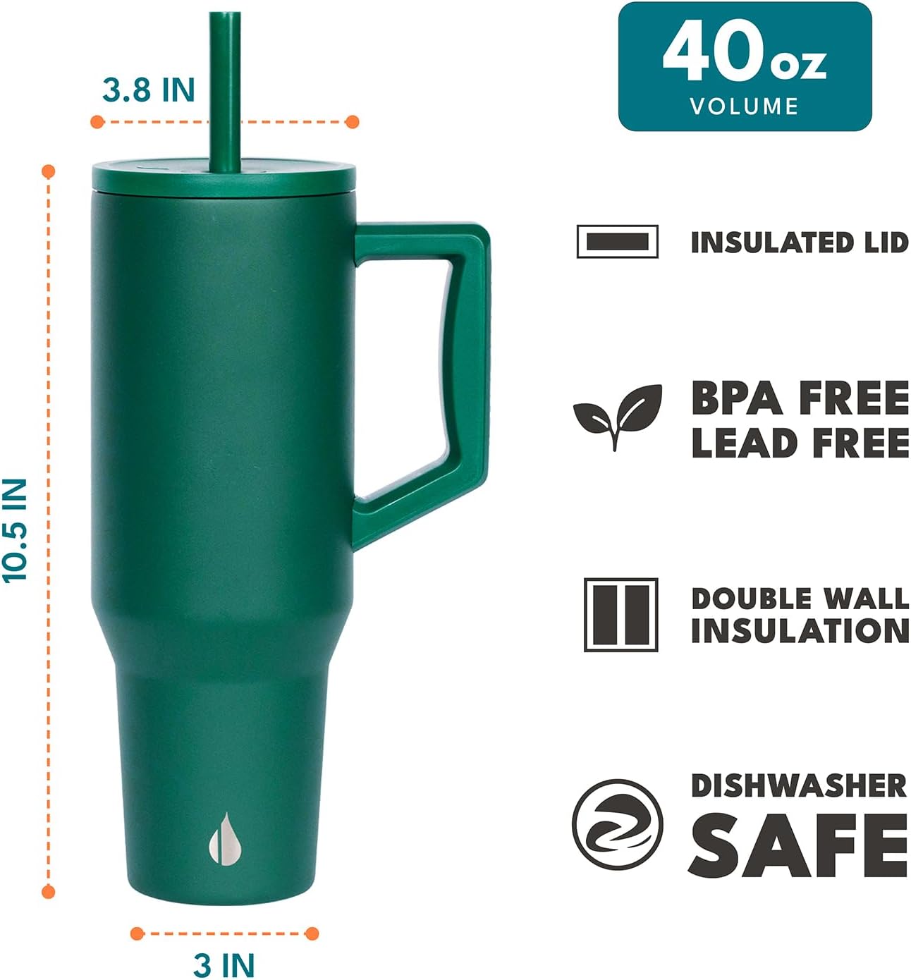 Elemental 40 oz Tumbler with Handle and Straw - Spill Proof Insulated Stainless Steel Commuter for Cold Beverages - Travel Coffee Mug with 2 Straws & Spill Proof Lid - 40oz - Forest Green