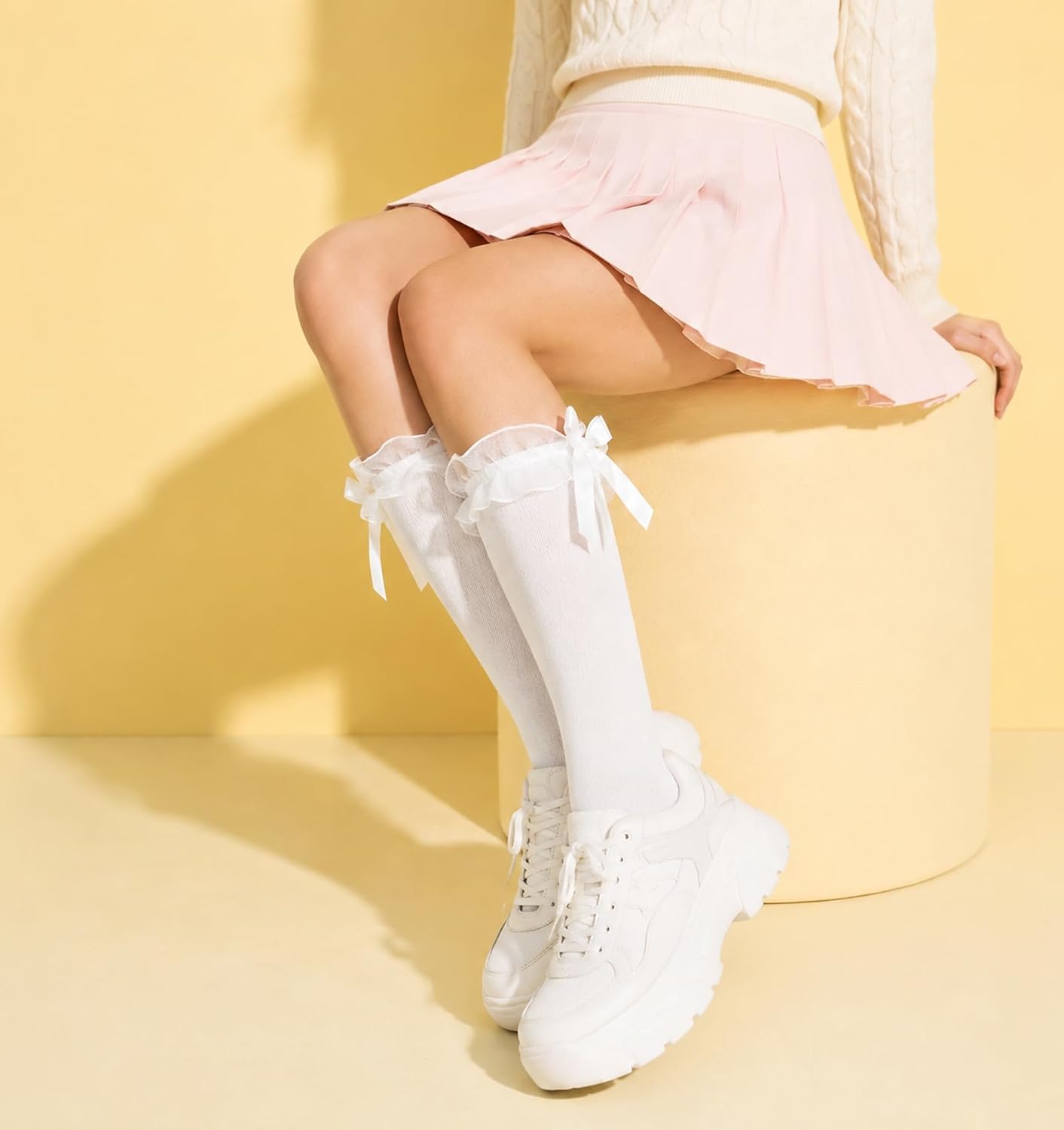 2 Pairs Lolita Socks, Cotton School Socks for girls with Bows, White&Black
