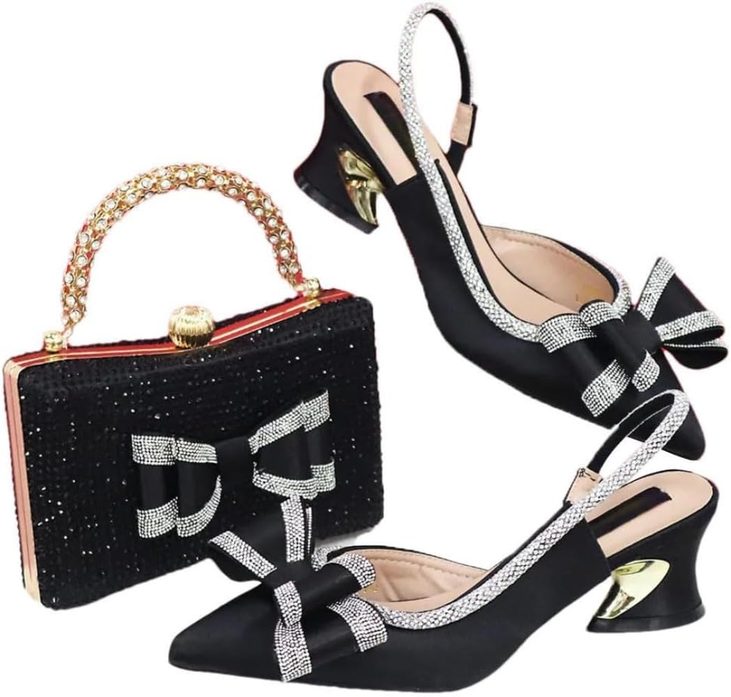 Eleganti Tacchi da Festa da Donna Ricamato Scarpe Borsa Set Combo Tacchi da Strass a Punta con Borsa Strass Quadrata Adatto per Festa di Nozze (Nero,37)