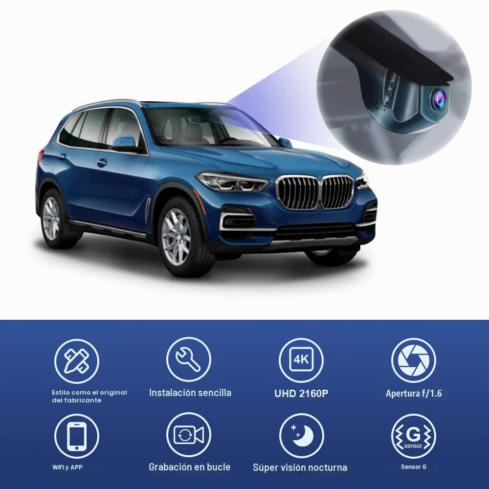 Fitcamx Dashcam 4k Adecuado para BMW 1 2 3 4 5 6 7 Series X1 X2 X3 X4 X5 X6, F Chassis (Model B), OEM Camara Coche UHD 2160P Video WiFi, Grabación en Bucle, Sensor G, WDR, Plug&Play, Tarjeta de 64 GB