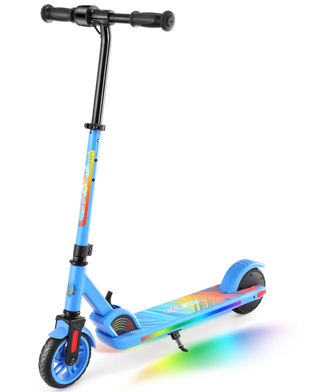 Caroma Elektroroller für Kinder von 6-12 Jahren, 150W Motor bis 16 km/h, 12km Reichweite E Scooter, Faltbarer E Roller mit Bunte Leuchten & LED-Display, Einstellbare Geschwindigkeit & Höhe