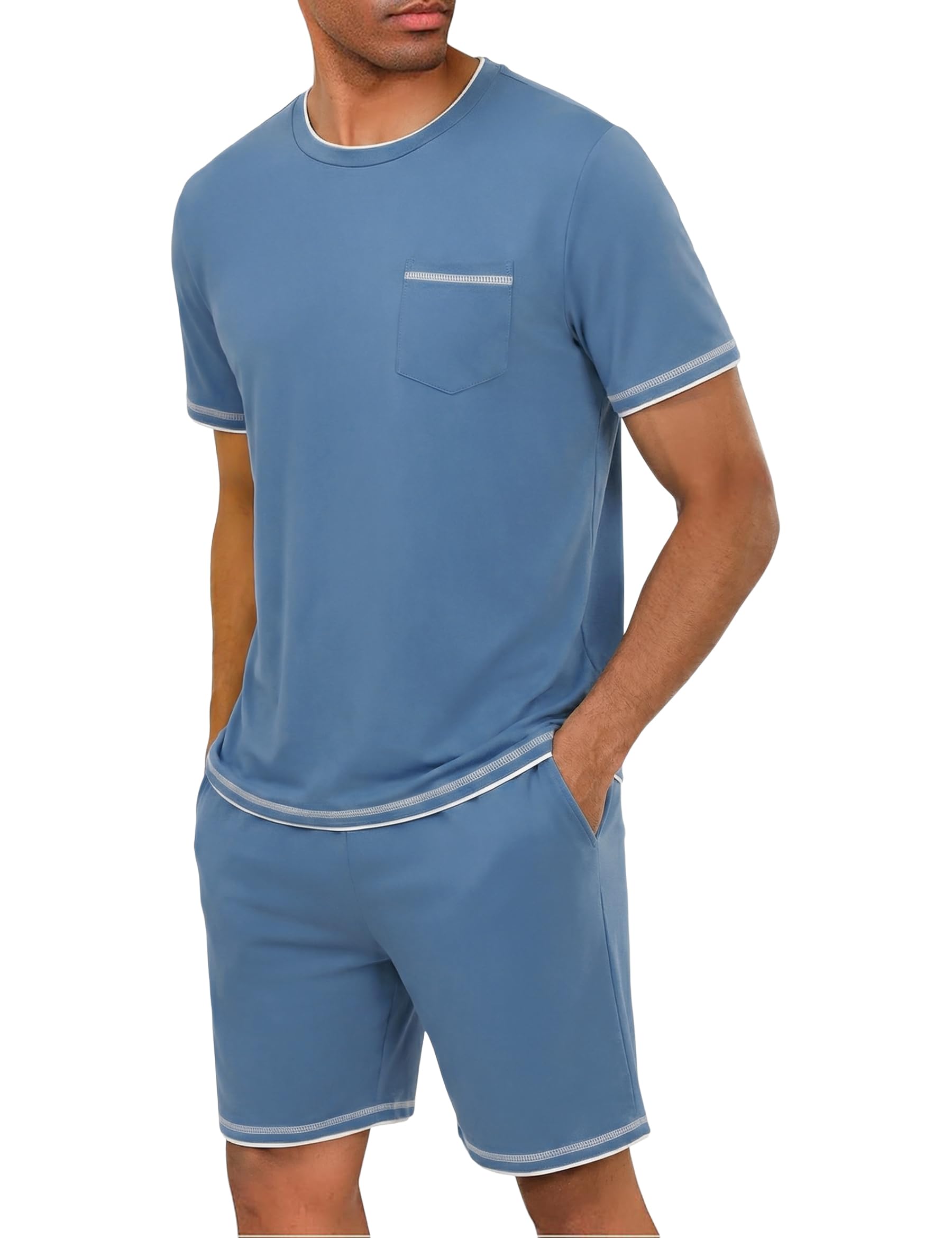 Men's Short Pyjamas Set Cotton Summer Short Sleeve Round Neck Top and Matching Shorts Lightweight and Comfortable-image-23