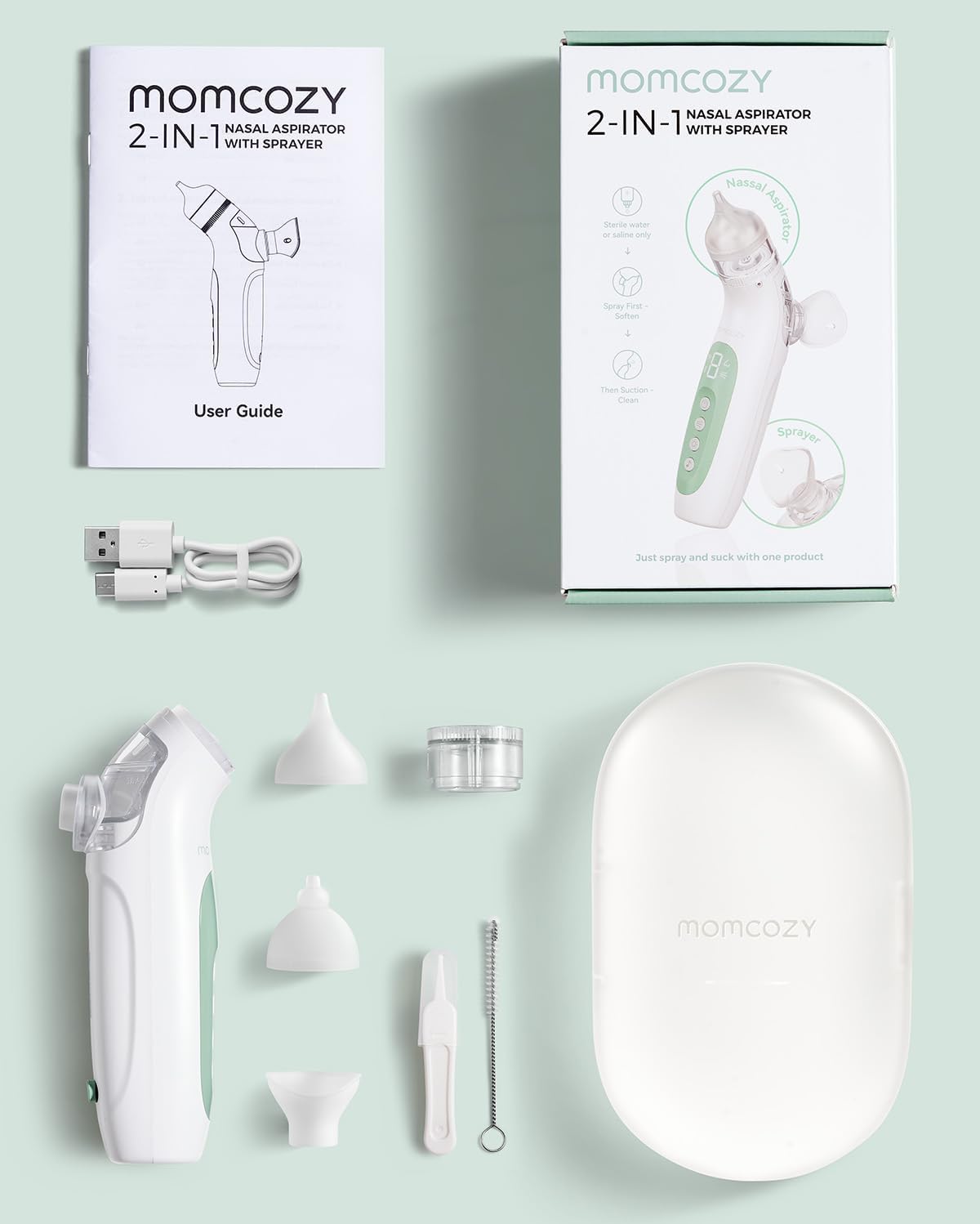 Momcozy Aspiratore Nasale Neonato Elettrico 2 in 1 con Spray, Aspirazione fino a 65 kPa, 4 Livelli Regolabili, Pulisci Naso Silenzioso e Portatile con Luce e Musica