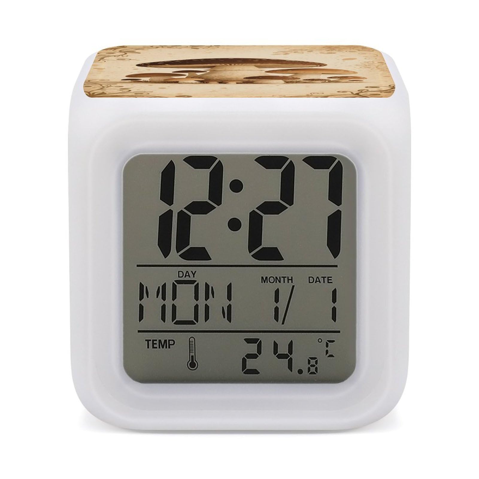 Reloj despertador impreso de hongo con pantalla de temperatura para regalar en cumpleaños
