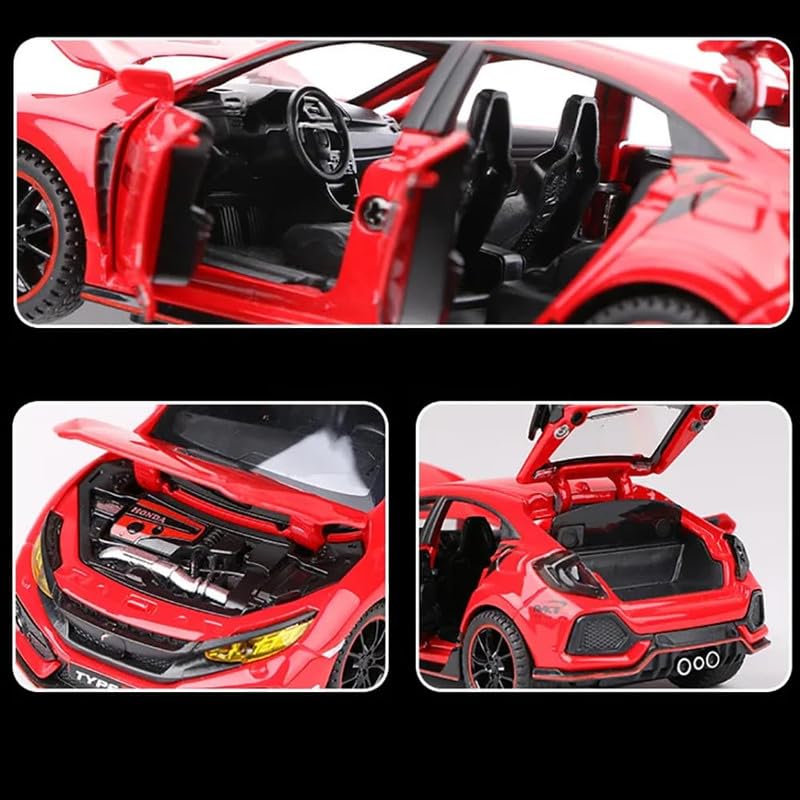 Image of PINQUE Kids New Car 1:32 Civic Type R Diecast Alloy Metal Pull Back Car with Openable Doors Music Sound and Light Vehicle Toy Car for Boys (Red)