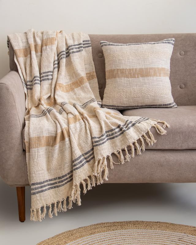Image of Rustic Stripe Design Cotton Sofa Throw (50x70 Inches) with 2 Pcs Cushion Cover(16x16 Inch) Soft Lightweight Thrower for Couch, Living Room & Bed (Pack of 3)