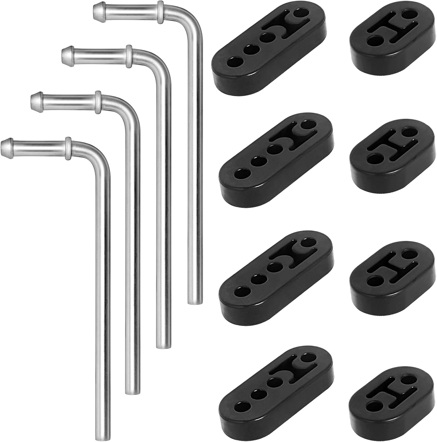 4 Pieces Exhaust Hanger Rods Stainless Steel 90° bend 7.5 inch Long with Rubber Insulators (4x 2-Hole & 4x 4-Hole), Universal Weld-On Muffler Mount for Car Truck SUV Muffler Replacement