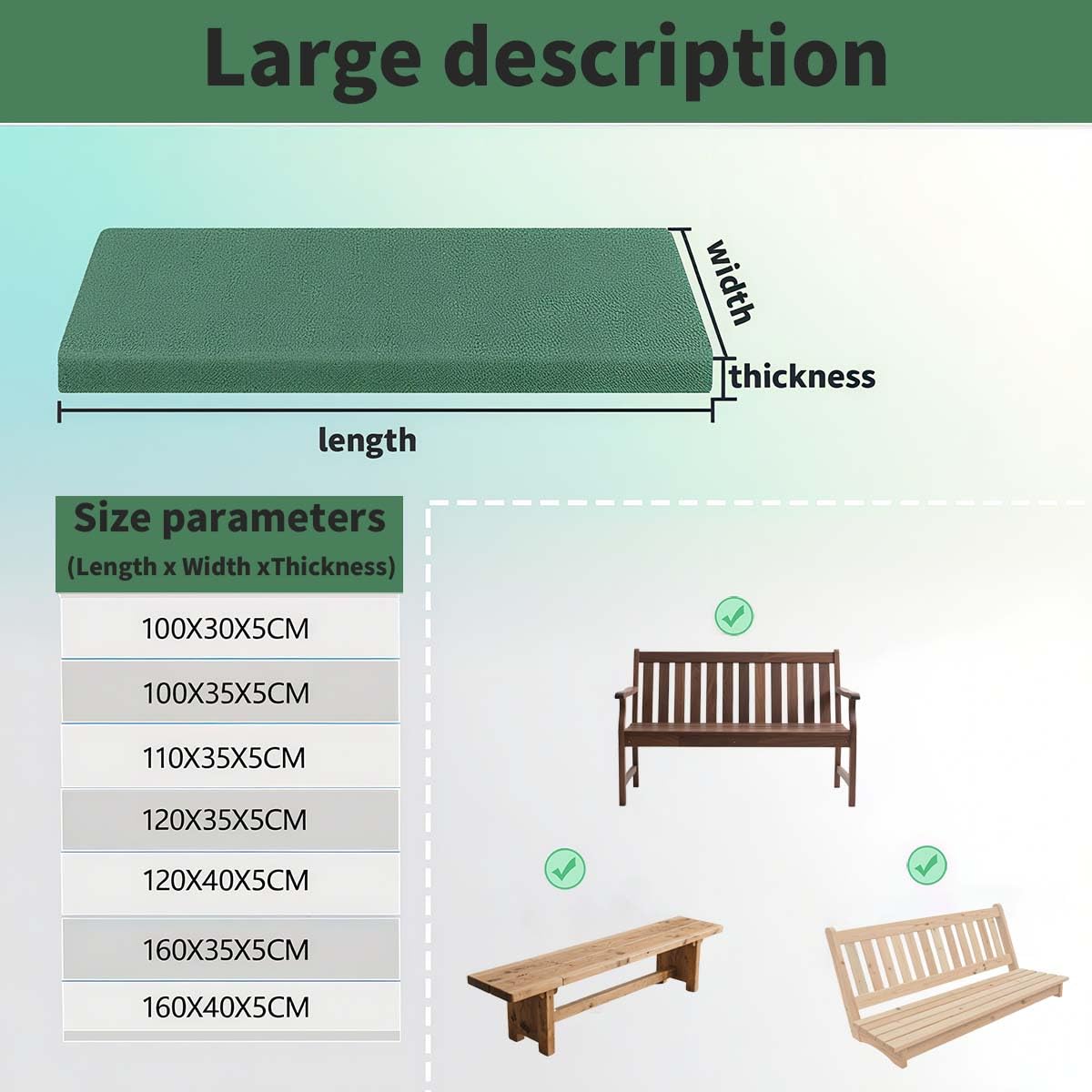 Cojines para banco de jardín, tela de lino, cojines para exteriores/interiores, para patio, balcón, banco, 160 x 40 x 5 cm, color negro, cómodas almohadillas para asientos de exterior