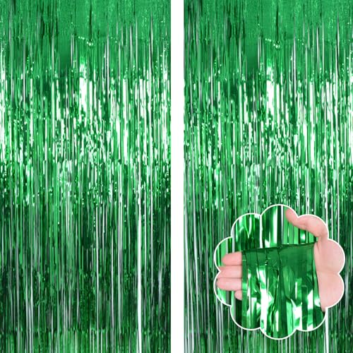 Image of Green Curtains Fringe Backdrop Streamers Party Decorations 2Pack 3.3 * 8.2FT Saint Patrick's Day Decorations Tinsel Backdrop Curtains Photo Booth Props for Birthday Party Decorations