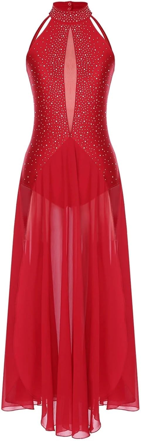 Women Modern Lyrical Dance Dress Rhinestone Leotard Long Dress for Ballet Gymnastics 55