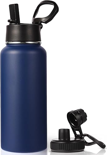 Miniatura 48 de Neihepal - Botellas de agua aisladas de 32 onzas a granel con 2 tapas (pajita y boquilla), botella de agua de acero inoxidable de doble pared, Azul