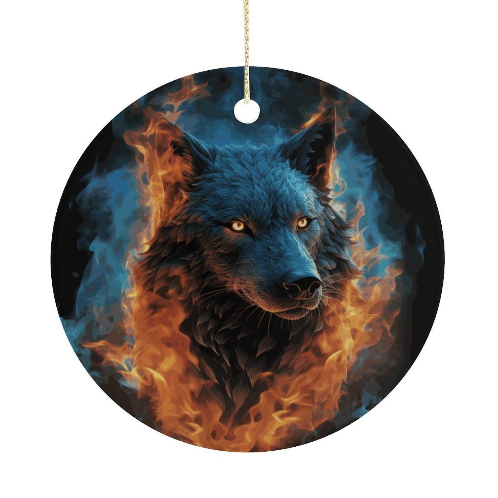 Wolf Head in Blue Flames Christmas Ornaments Colorful Round Ceramic Ornament Christmas Hanging Decor Christmas Tree Decorations Xmas Keepsake for Women Men Xmas Holiday Party