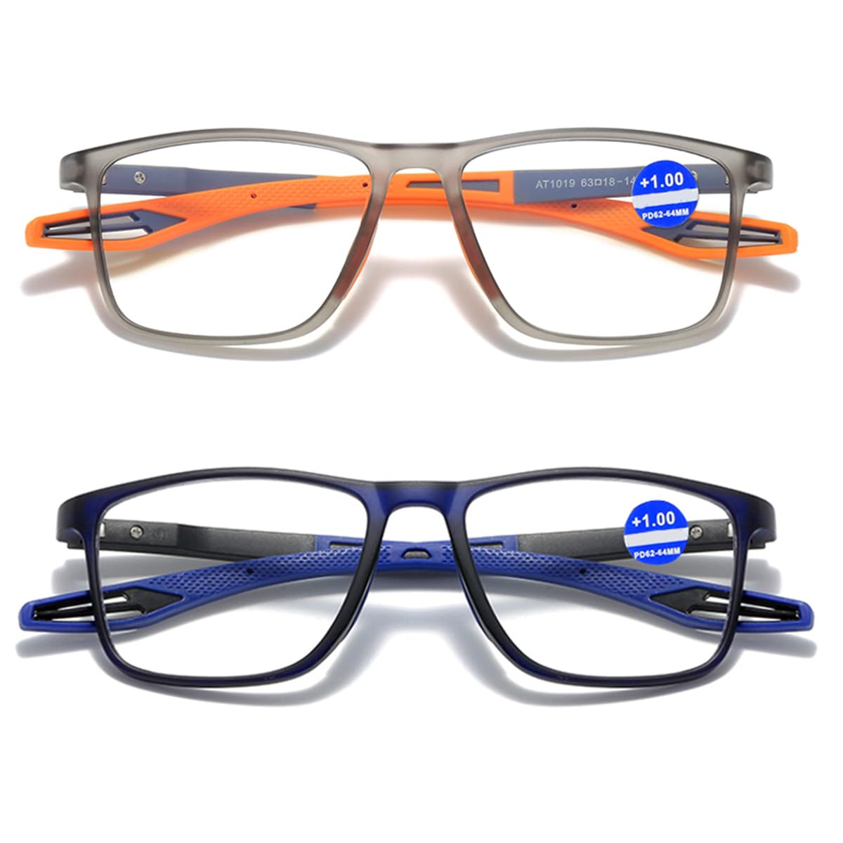 ZUVGEES 2 Pack TR90 Square Sports Reading Glasses for Men and Women(2 works(Gray&Orange+Blue),2.00) - Image 2
