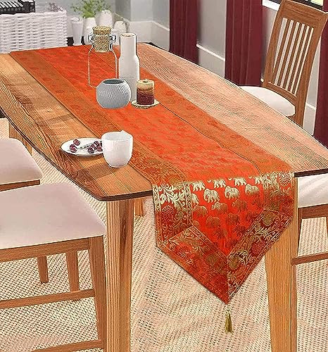 Image of Traditional Brocade Silk Table Runner for Living Room 4 to 6 Seater Dining Table Runner Elephant End Tassels 14x80 Inches (Orange)