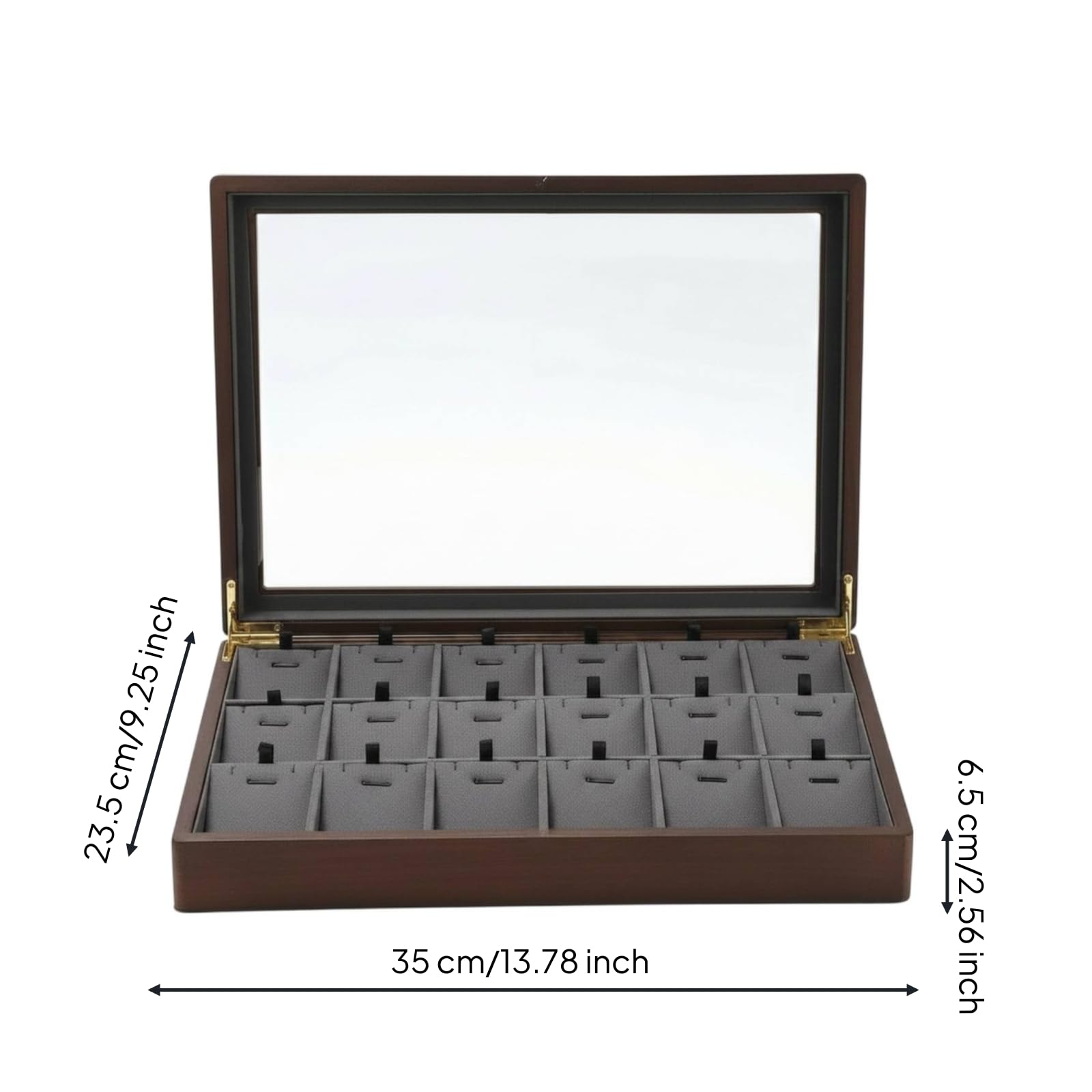 Harilla Vassoio Esposizione Gioielli Scatola Gioielli Contenitore Organizer Espositore con Top Vetrato E Cerniere Metalliche Legno Elegante E Divisori Interni, Grigio Scuro, Elegante