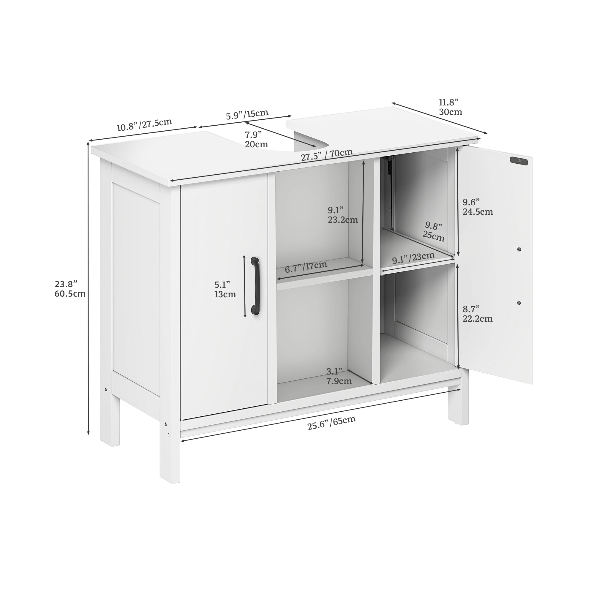 YITAHOME waschbeckenunterschrank mit Zwei geschlossene Schrankelemente, Bad unterschrank 70 cm breit, badezimmerschrank mit offenen Regalen, unterschrank waschbecken, Weiss