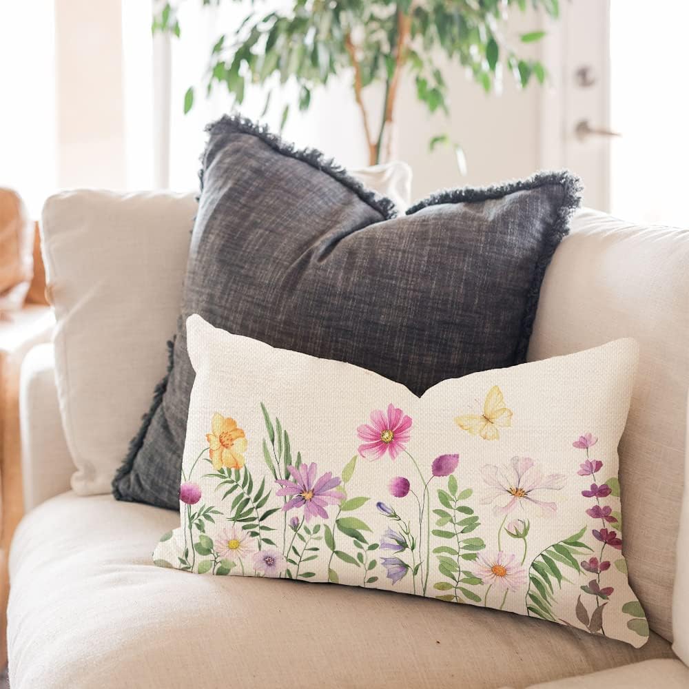 CXMEIFLY Frühlingsblumen-Kissenbezüge 2er-Set – 30x50 Cm, Vintage Salbeigrün, Polyester-Leinen, Mit Reißverschluss