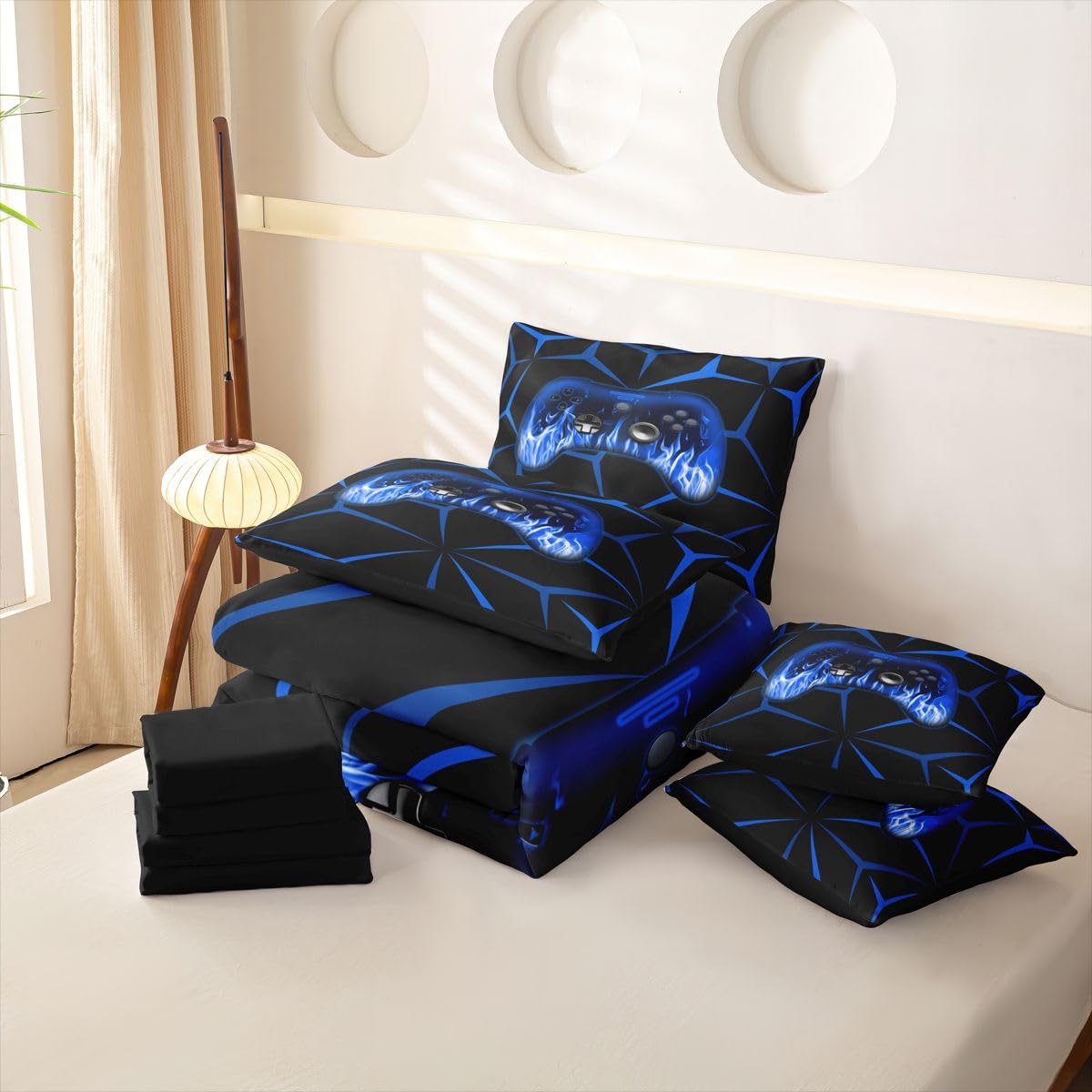 Homemissing Set copripiumino per letto king size, 7 pezzi, motivo videogiochi 3D, 1 copripiumino, 1 lenzuolo piatto, 1 lenzuolo con angoli, 2 federe, 2 federe