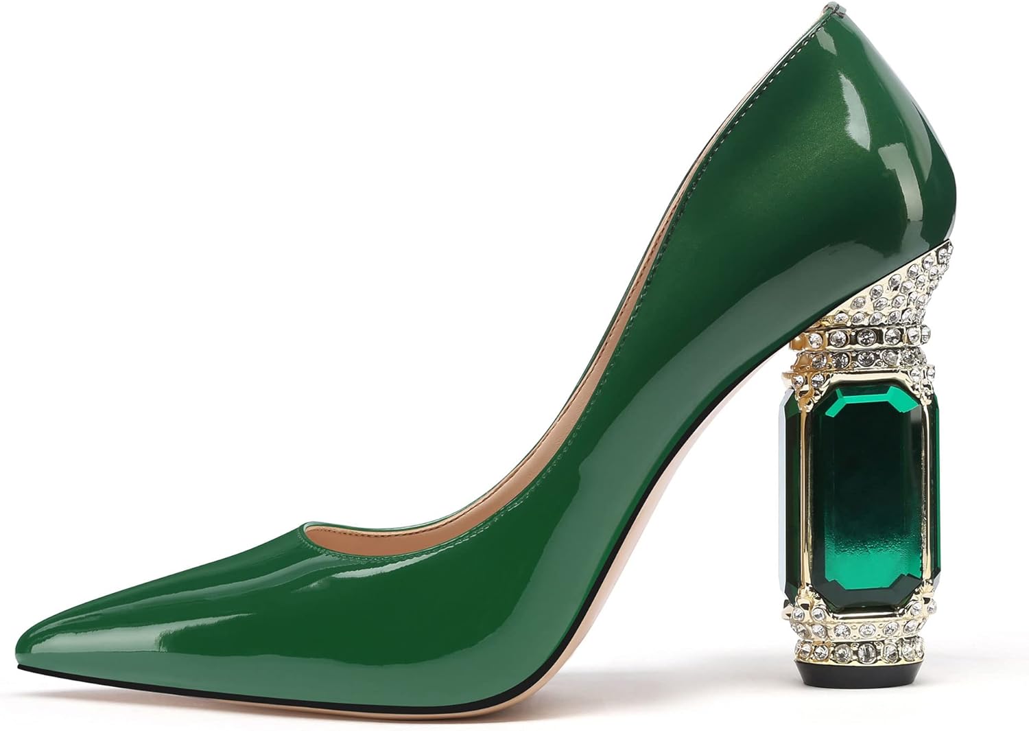 JANSEVEN Women Chunky Heels Pumps Crystal Block Heels with Rhinestones Pointed Toe Sexy Gradient Patent Leather Slip on Bridal Party Wedding Dress Shoes 5-13 M US - Image 5