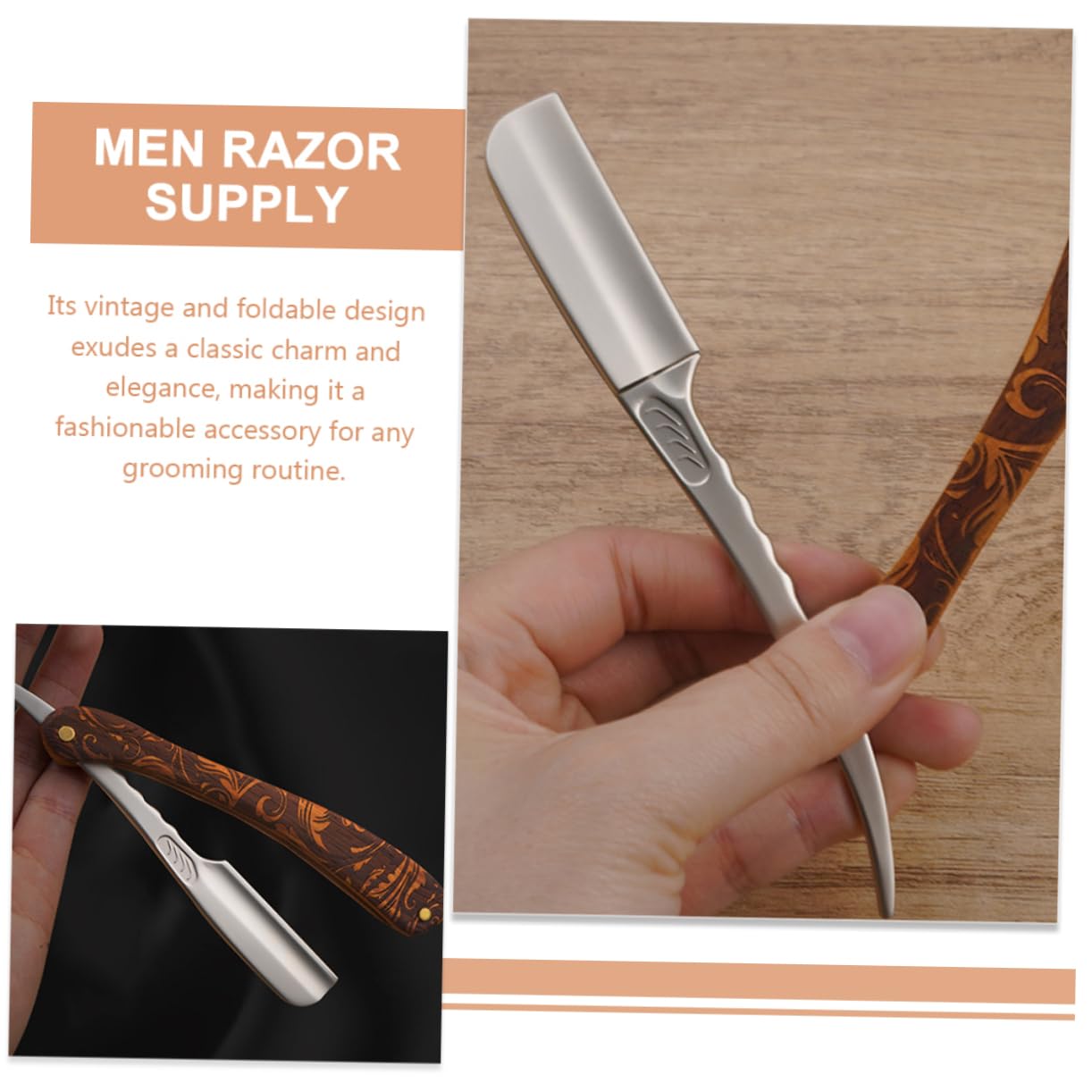 Didiseaon Rasoio Pieghevole in Acciaio Inossidabile con Manico in Legno Vintage per Uso Domestico e Commerciale, Sicurezza Anti-taglio per Barba e Viso